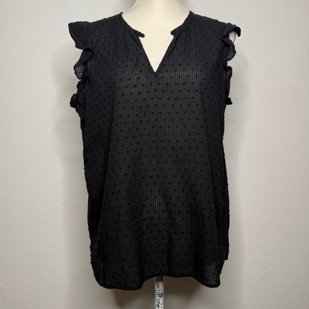 7 For All Mankind Textured Ruffle Sleeveless Blouse Black Cotton V Neck Size S